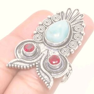 New Mystical Owl Garnet & Larimar 925 Silver Ring.